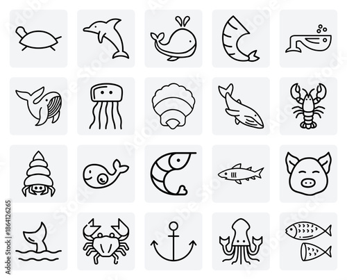 Coastal And Sea Life Illustrations – Lighthouse, Anchor, And Marine Animals Like Crabs And Lobsters For Seafood Menus