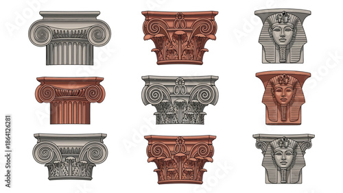  Vector set featuring ancient column capitals and fragments, highlighting the richness and diversity of classical architecture.eps