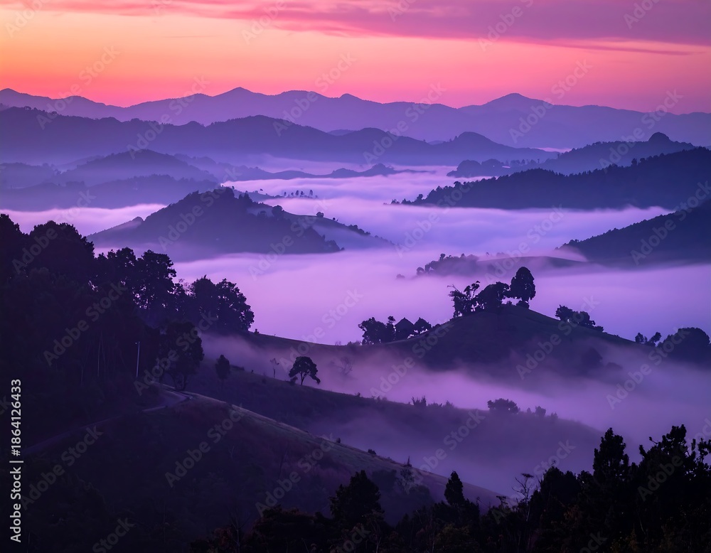 Obraz premium A serene mountain vista at dawn, showcasing layers of purple and pink hues with rolling hills emerging from a misty landscape