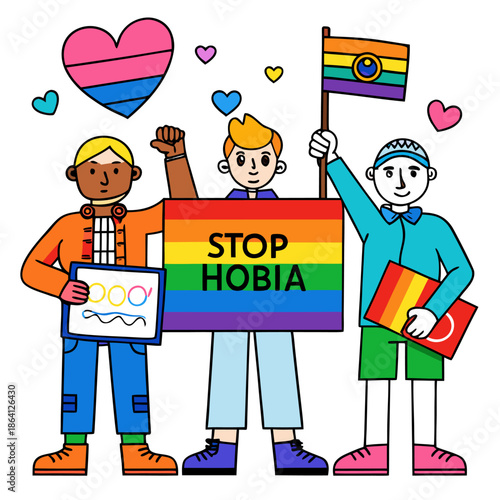 A diverse group of people holding pride flags and a sign that says stop hobia during a protest.