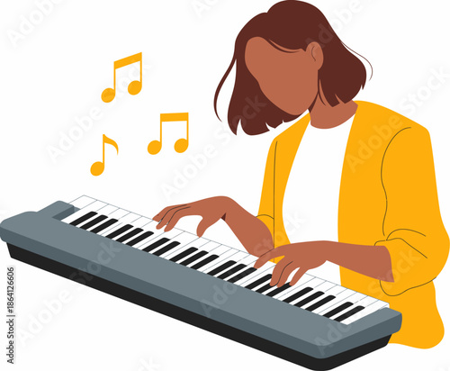 This illustration captures a person playing a keyboard, embodying creativity and passion for music, surrounded by cheerful notes that enhance the dynamic atmosphere.