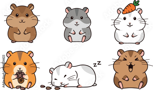 Cute hamster characters set with different emotions poses and accessories cartoon pet vector illustration