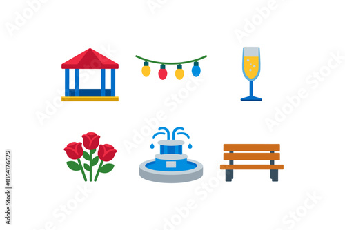 Colorful flat park icons: gazebo, lights, champagne, roses, fountain, bench