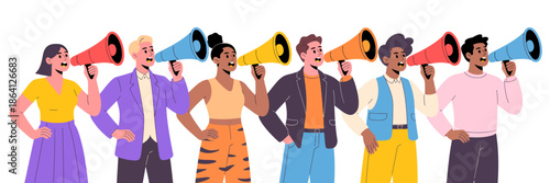 A diverse group of individuals holds megaphones, symbolizing unity and empowerment while passionately sharing important messages in a vibrant and engaging manner.