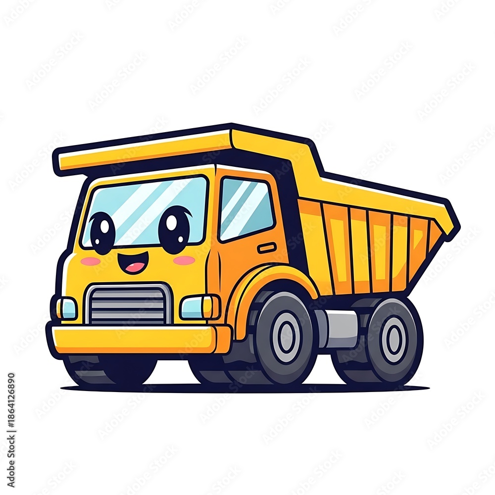 Naklejka premium Smiling cartoon dump truck vehicle.
