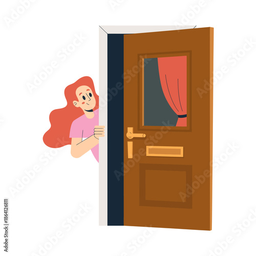 A cheerful woman with long hair peers curiously through an open door, highlighting a moment of surprise or anticipation that brings a sense of intrigue and connection.