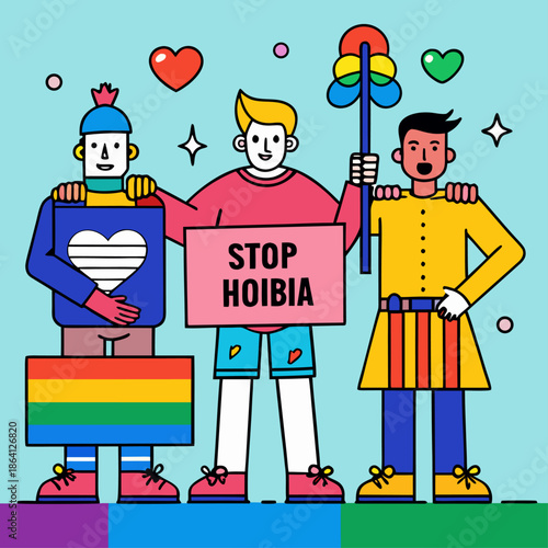 People protesting for lgbtq rights with a stop homophobia sign and rainbow flag illustration.