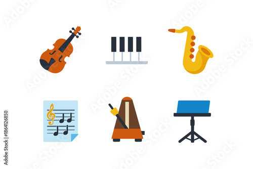 Colorful musical instrument set including violin, piano keys, saxophone, and more in flat style