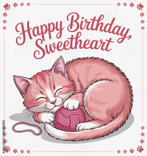 An adorable pink cat is snuggled up while sleeping peacefully, surrounded by a cheerful birthday greeting, perfect for celebrations and heartfelt moments of joy.