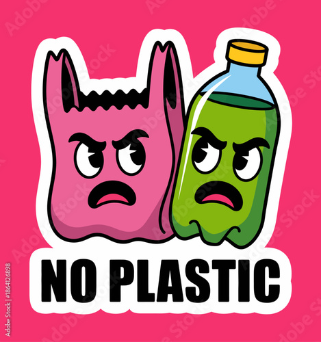A vibrant and eye-catching anti-plastic illustration featuring two animated characters, a bag and a bottle, urging viewers to reduce plastic usage for a better planet.