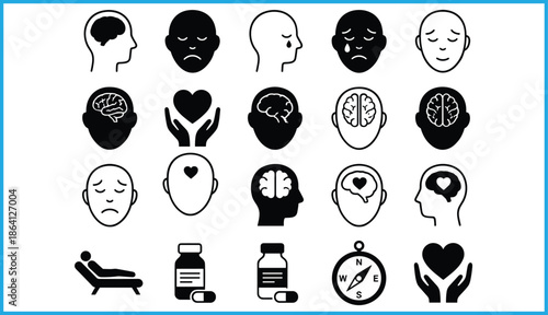 Black and white vector icons set representing mental health, emotional care, therapy, support, medication, and psychological wellness
