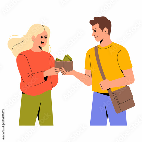 A cheerful interaction between two friends as they engage in a money exchange, capturing the essence of friendship and generosity in a social context.