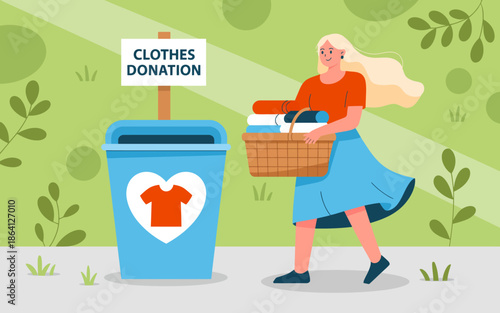 A woman lovingly carries a basket of clothing to a donation bin, emphasizing the importance of giving and supporting the community through charitable acts.