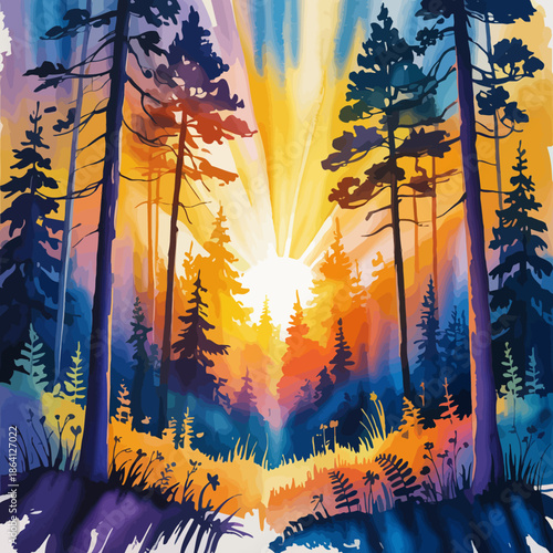 An exquisite watercolor painting depicting a forest at sunset, filled with vibrant colors and light, emphasizing the beauty of nature's transition from day to night.