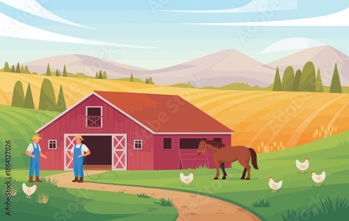 Two farmers engage in agricultural activities near a red barn, with a horse and chickens in the picturesque countryside, symbolizing hard work, nature, and rural life.