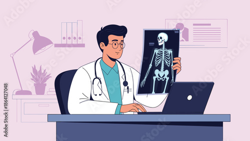 Male doctor analyzing human skeleton x-ray film in office vector