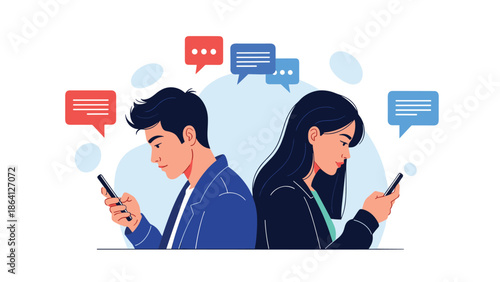 Couple sitting back to back using smartphones flat vector illustration