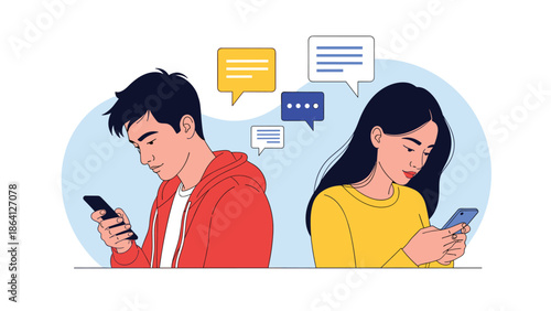Couple back to back using smartphones flat vector illustration