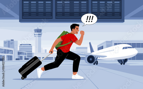 A traveler races through the airport with a suitcase, showcasing urgency and excitement, as they prepare to catch their flight amidst the bustling travel environment.