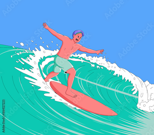 This vibrant image showcases a surfer skillfully riding a large wave under a clear blue sky, encapsulating the thrill and excitement of surfing and ocean adventure.