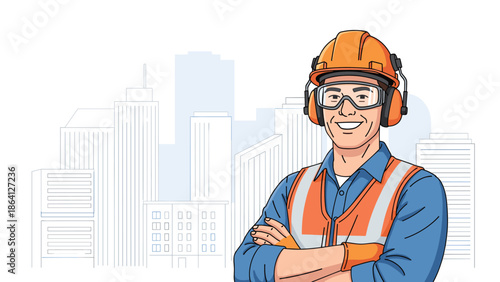 Construction worker in safety gear with city skyline background