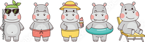 Cute hippo characters enjoying summer activities vacation and beach lifestyle cartoon animal vector illustration