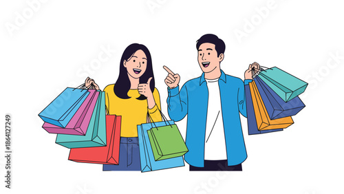 Happy young couple holding shopping bags and pointing in vector style