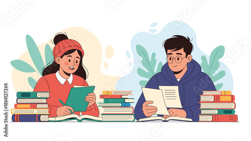 Two students studying with books and notebooks in flat vector style