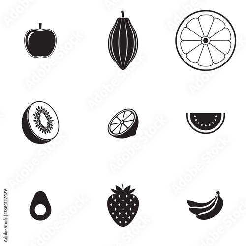 A collection of nine stylized black and white fruit icons, including an apple, cacao pod, orange slice, kiwi, lemon slice, watermelon, avocado, strawberry, and bananas, arranged in a grid.