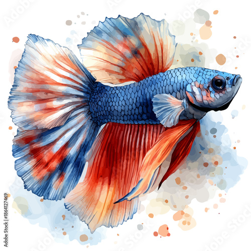 Betta Fish, watercolor vector portraying a joyful pose with colorful highlights, isolated on a white background.