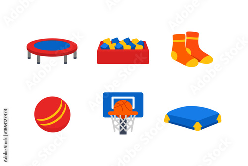 Colorful gymnasium equipment for kids: trampoline, foam pit, socks, ball, basketball hoop, mat