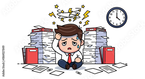 Cartoon businessman sitting overwhelmed by stacks of paperwork with a stressed expression and lightning bolts above his head on a white background.