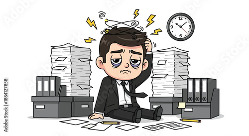 A stressed businessman sits on the floor amidst stacks of paperwork and office equipment with a frustrated expression and a clock in the background in a chaotic office setting.