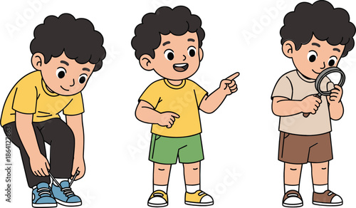 Cute little boy character set in different poses activities cartoon kid vector illustration