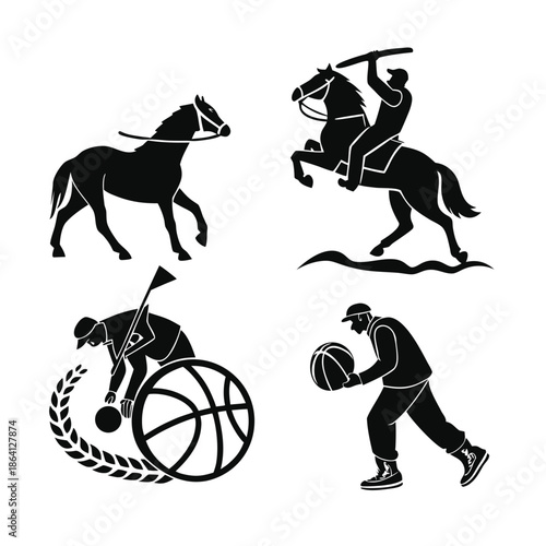 Vector illustration of a black silhouette featuring a horse and jockey or equestrian rider jumping in a sports competition, isolated on white for equine art