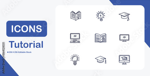 Education and E-Learning Icon Set – Minimalist Vector Line Art for Tutorials and Online Courses