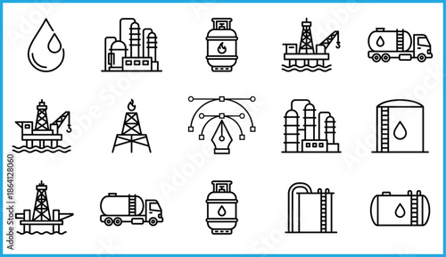 Black and white vector icons set representing oil and gas industry, energy production, petroleum infrastructure, and fossil fuel systems