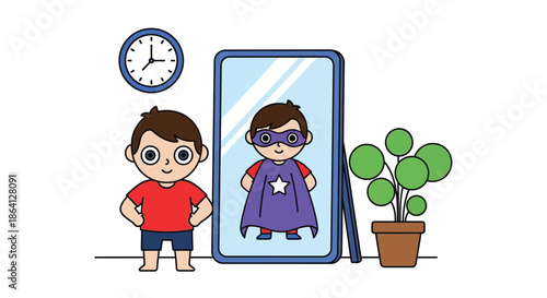 A young boy stands beside a mirror with a superhero reflection wearing a purple cape in a simple room with a clock and plant.