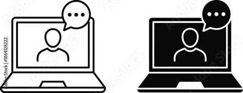 Minimal online chat communication icons showing laptop users messaging concept for remote work virtual meetings web app interface vector design