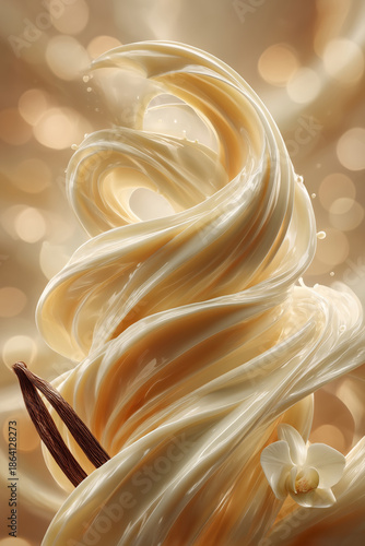 Explosión de vainilla cremosa con orquídea blanca, Splash de crema de vainilla con vaina y flor, Imagen para marca de helados gourmet, Fondo para packaging de cosmética natural