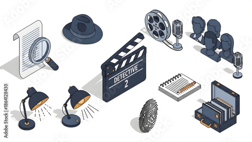 Collection of isometric icons representing detective and film production elements for investigation and entertainment