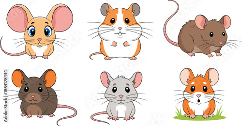 Cute mouse and hamster characters set with different colors poses cartoon rodent pet vector illustration