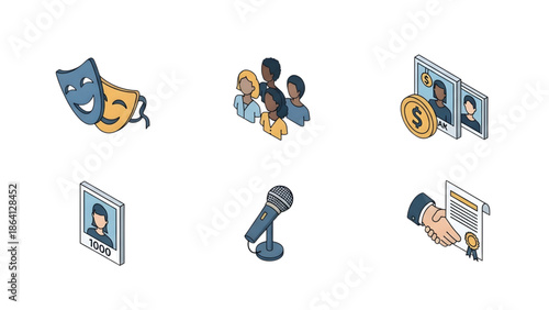 Conceptual isometric icons portraying identity, public communication, legal processes, social interaction, and artistic performance, perfect for modern digital media