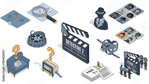 Isometric vector illustrations demonstrating the detective storytelling process, from investigation and evidence gathering to script development, film production, and audience viewing