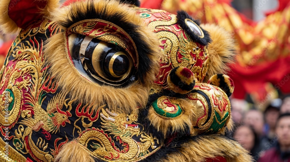 Obraz premium A captivating close-up showcases a meticulously crafted lion head, resplendent with intricate details and vibrant colors, celebrating traditional festival.