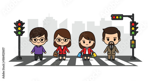 Cartoon illustration of four diverse adults crossing a city street at a traffic light with a child, conveying a sense of urban community and safety.