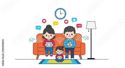Illustration of a family with parents and child sitting on a couch with devices, surrounded by social media icons and a clock on the wall in a modern living room setting with a lamp.
