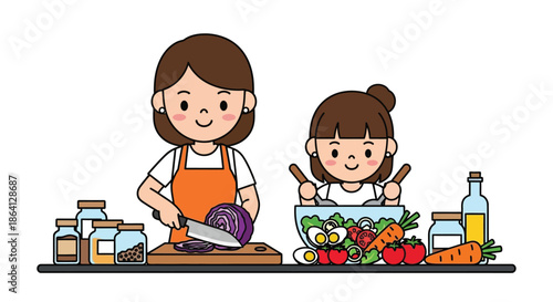 Illustration of a woman and a girl preparing vegetables in a kitchen with various ingredients and utensils on a counter.