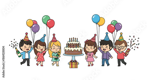 A group of diverse cartoon children celebrating a birthday with a cake and balloons in a colorful party scene.