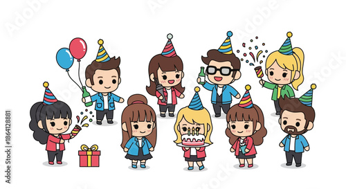 A group of diverse cartoon characters celebrating a birthday with party hats, balloons, and a gift in a colorful and festive scene.
